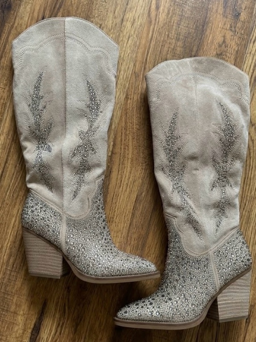Madden Girl Tan Suede Rhinestone Western Heeled Boots